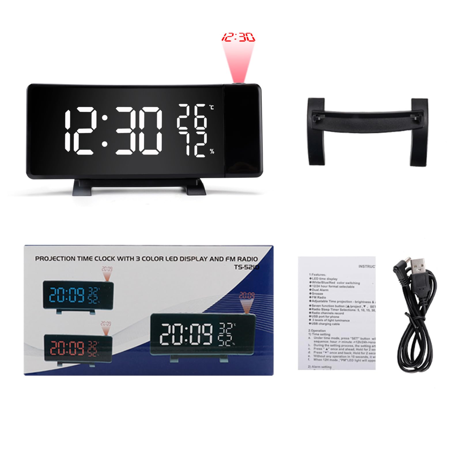 Réveil à projection avec port de charge USB, 2 alarmes, affichage LED, fonction snooze, écran incurvé
