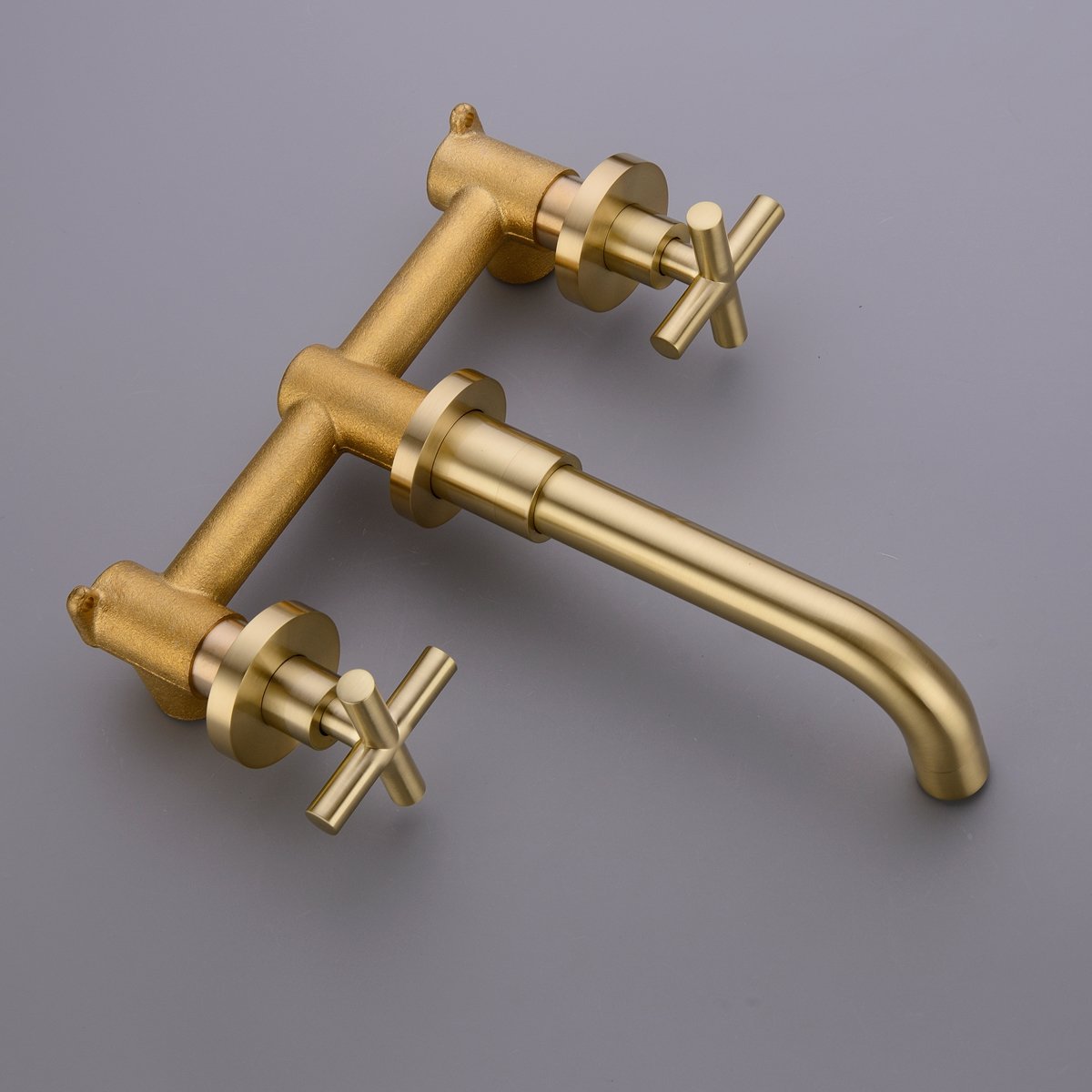 Grifo mezclador para lavabo TRUSTMI en oro cepillado, para montaje en pared, 2 manijas, grifo de baño de latón