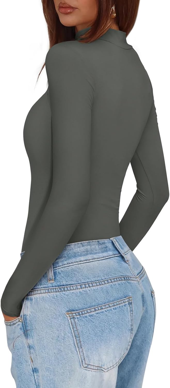 REORIA Women's Mock Neck Cutout Front Bodysuit Trendy Going Out Long Sleeve Body Suits Tops Fall Outfits 2025 - Image 3