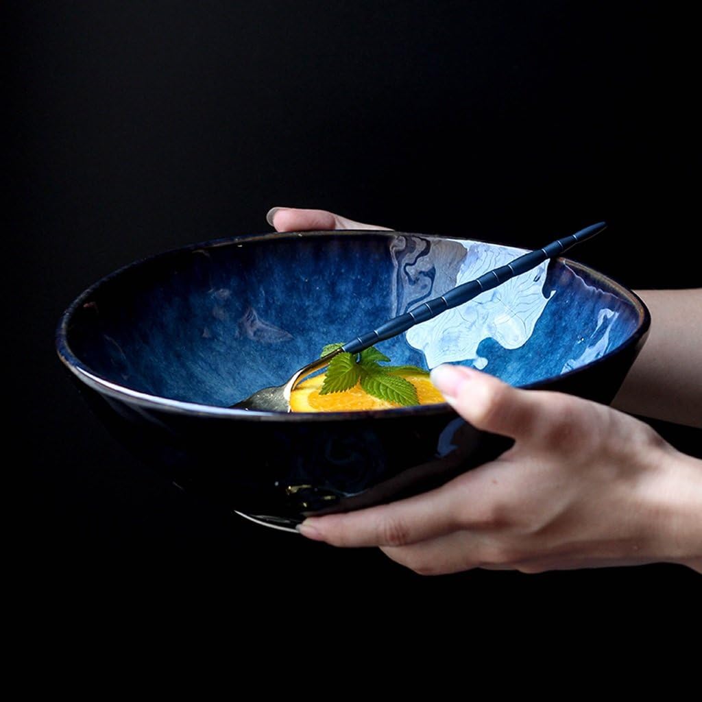Blumen Pinellia Japanese Style Blue Ceramic Tableware Creative Ramen Bowl Large Soup Bowl Fruit Salad Bowl (Size : S)…