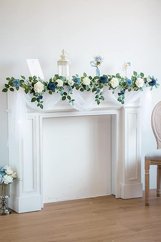 Miniatura 2 de PONATIA Guirnalda de flores artificiales de rosas hechas a mano de 5 pies, guirnalda de flores azul polvoriento y follaje para ceremonia de boda,