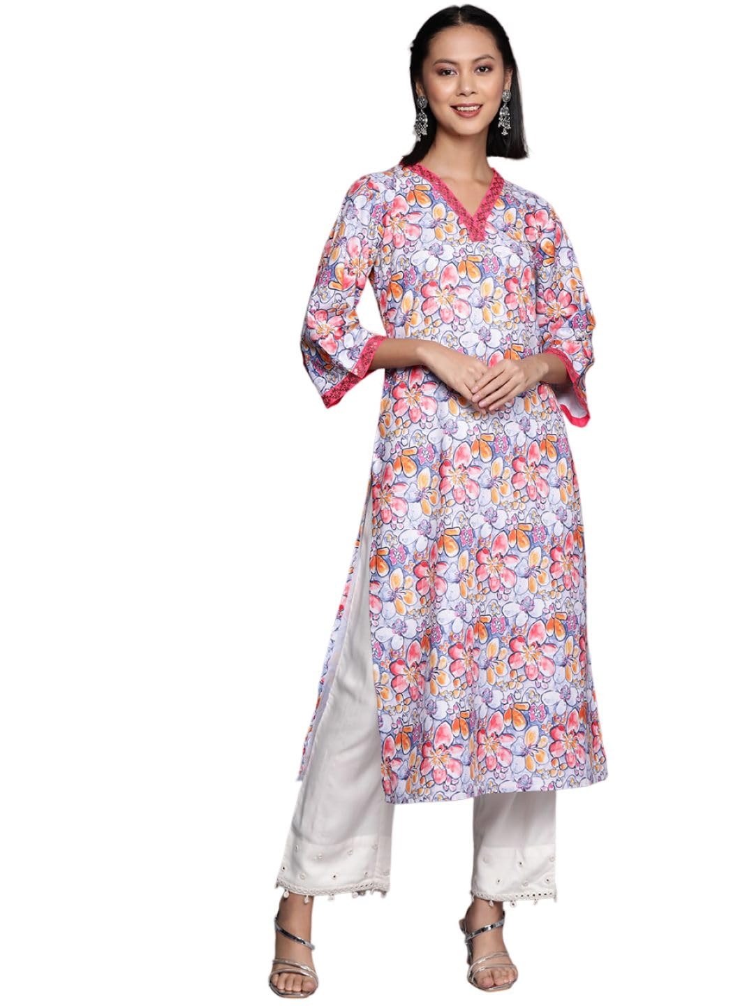 Varanga blue floral printed V-neck with sequins lace straight kurta