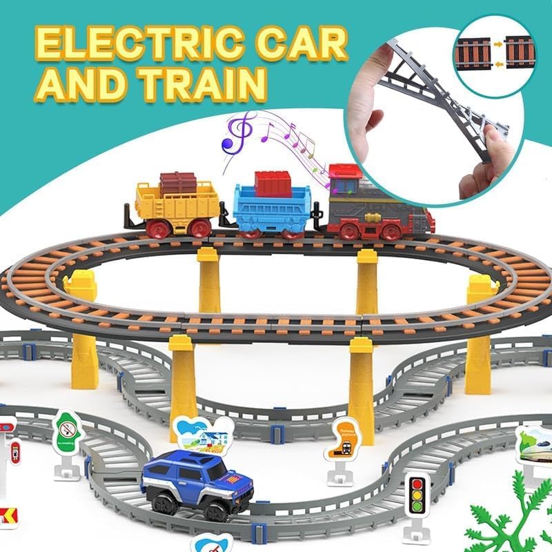 Samtop Kids Plastic Electric Train and Car Toy Track Playset Tracks Car Set Industrial City Transportation Theme Electric Train and Car for Kids Boys Girls (Multicolor) 2