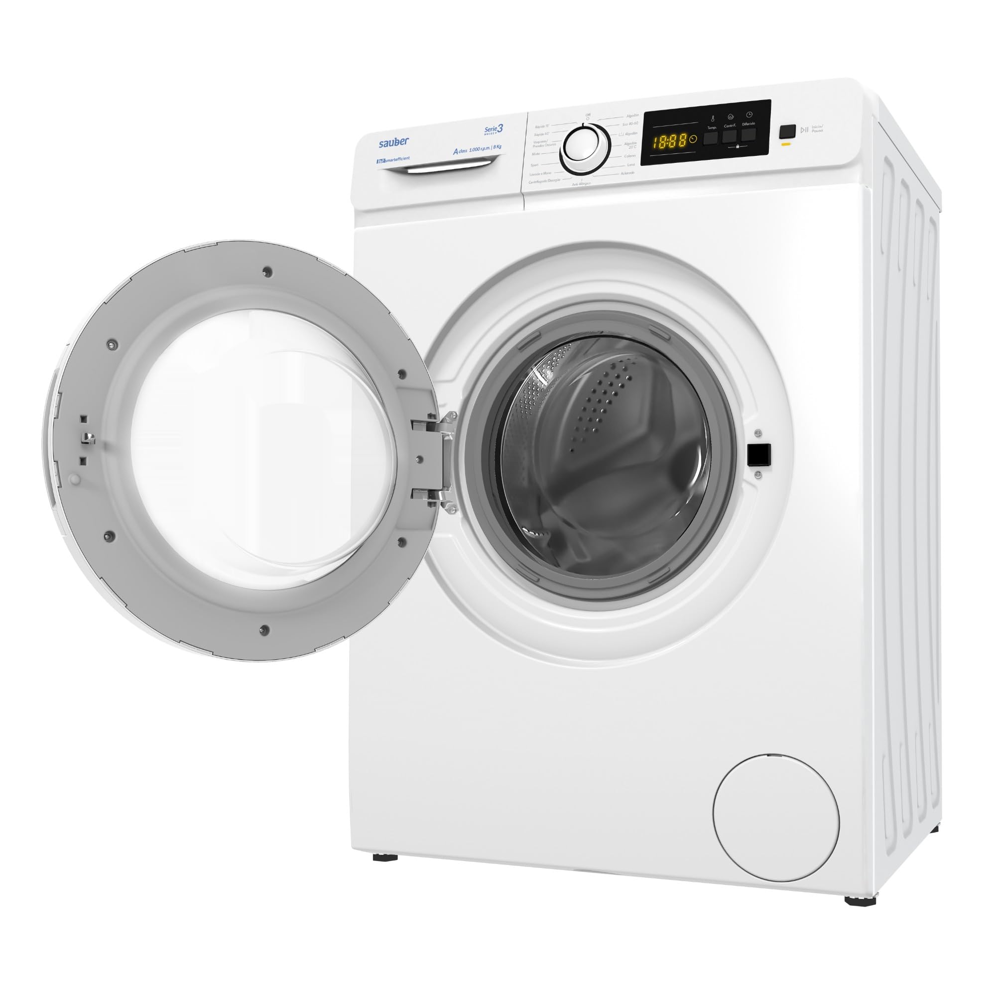 Sauber, Lavadora 8 Kg de carga frontal SERIE 3-W8105V, 1000 RPM, A, Programa Extra Rápido 15 minutos, 15 Programas, Detección de carga, Bajo Consumo, Color Blanco, CON INSTALACIÓN Y RETIRADA USADA