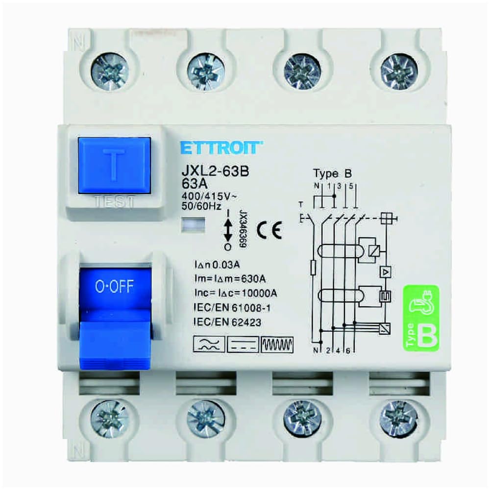 Interruttore magnetotermico differenziale puro 4P, 4 moduli, 380V AC/DC, 63A, 30mA, 6KA, curva B - Ettroit JX346369