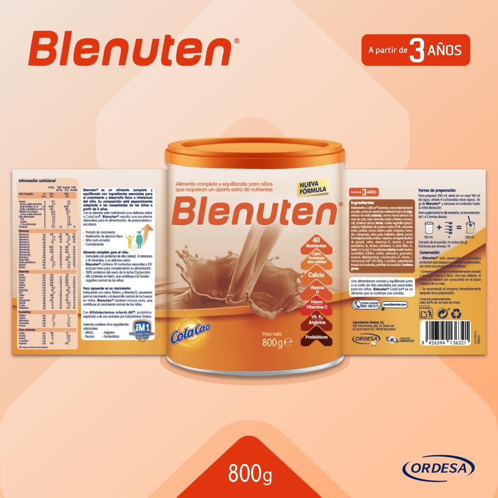 Blenuten Cola Cao | 800g | Suplemento Alimenticio Para Niños Mayores de 3 Años, con Vitaminas y Minerales