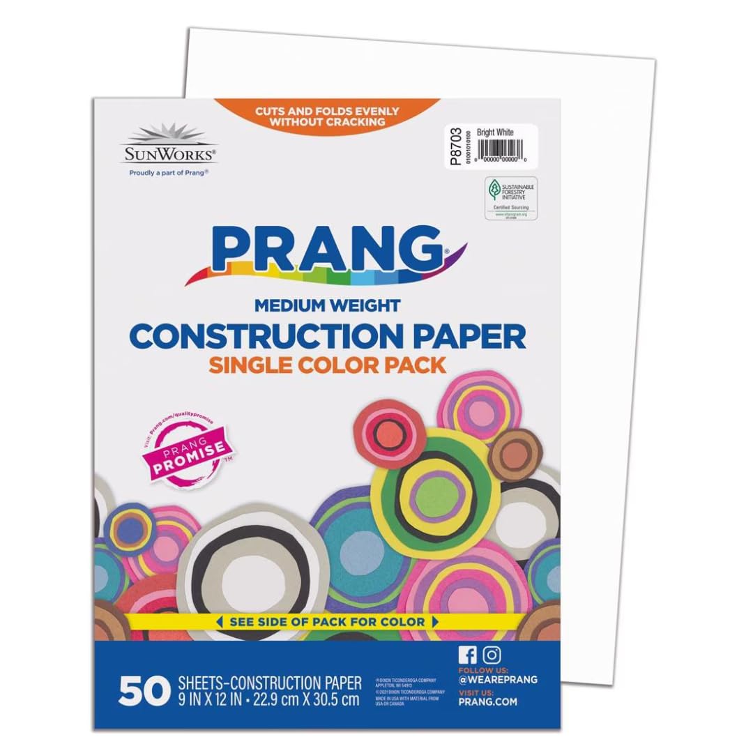 Prang SunWorks Construction Paper, 9" x 12", Bright White, 50 Sheets/Pack, Case of 50 Packs, 2500 Sheets Total