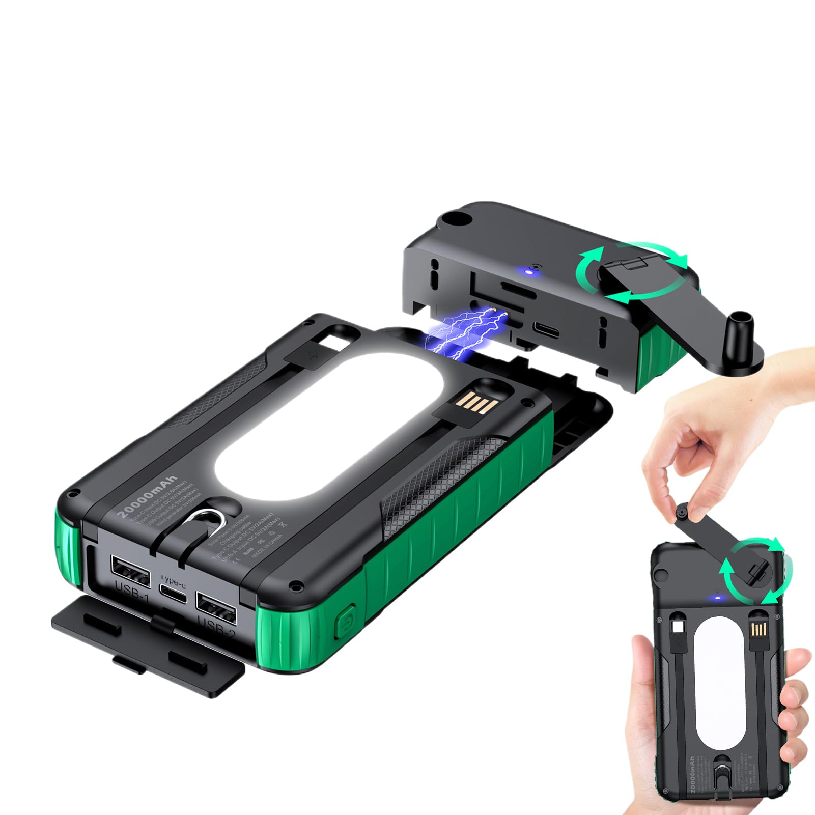 Power Bank Solare Power Bank Impermeabile 20000mAh | Power Bank Solare Con Manovella Per Telefono per Viaggio Pesca Campeggio Escursionismo Viaggio Zaino in Spalla Festival