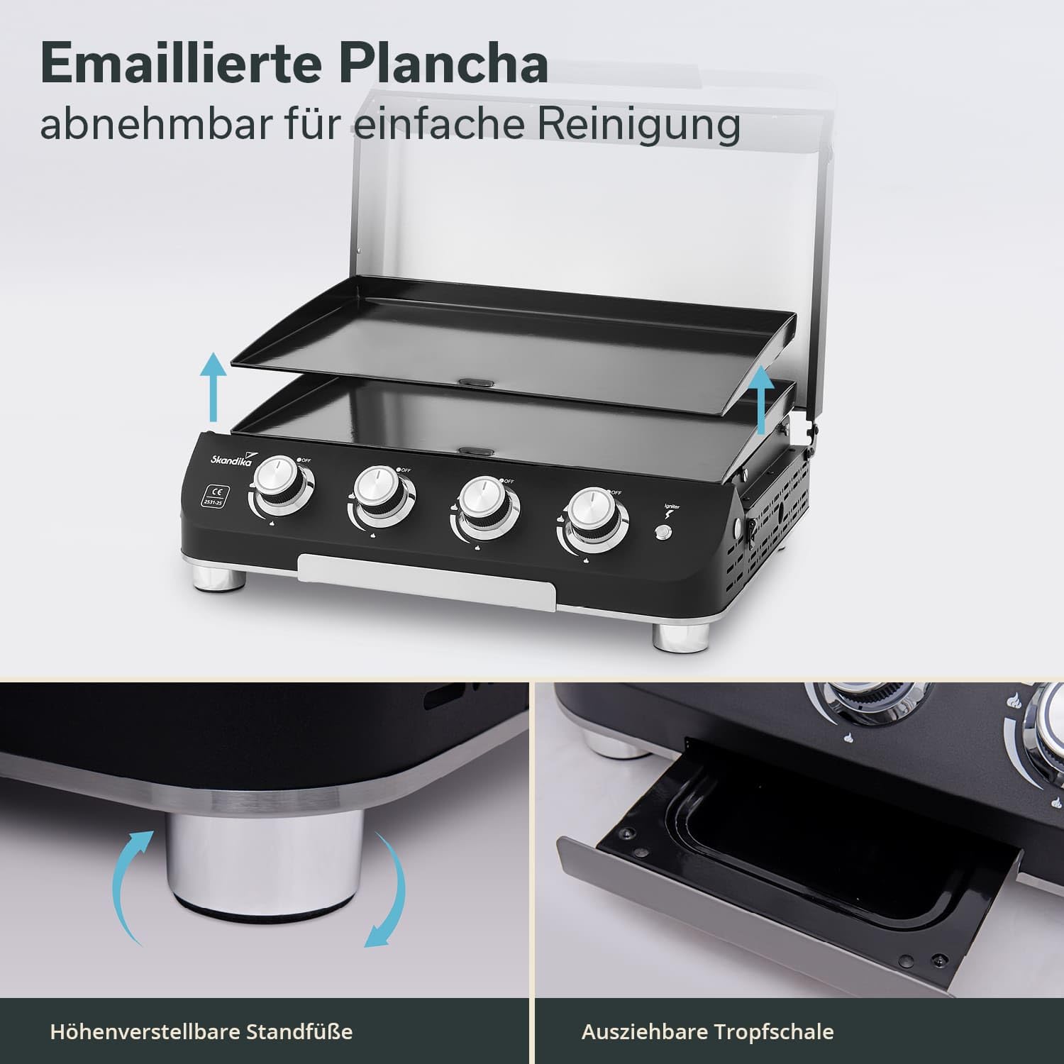 Skandika Plancha à gaz Palo | Plaque de cuisson à 3 ou 4 brûleurs, égouttoir, barbecue à gaz transportable avec plaque plancha | Camping, bbq de table, jardin (4 brûleurs avec couvercle)