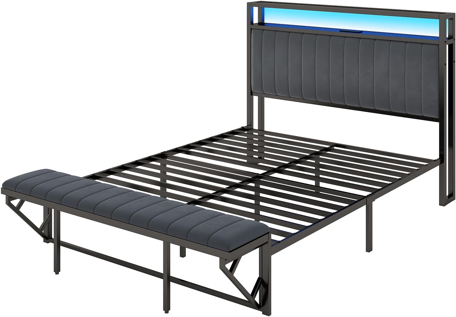 AMERLIFE Queen Padded Bed Frame with Foldable Ottoman, Velvet Upholstered Headboard with LED Lights, Charging Station and Storage Shelves, No Box Springing Needed, Noisy Free, Gray