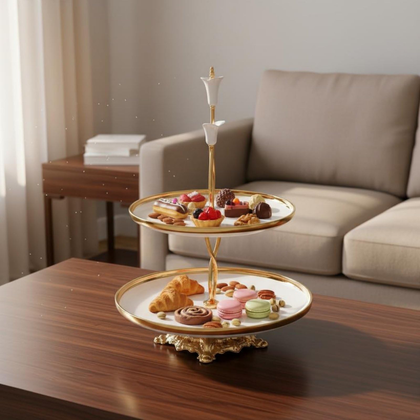 Qianly Piatto da Dessert in Ceramica Alzata a Due Livelli Vassoio Frutta Supporto Dolci Centrotavola con Telaio in Ferro E Decorazioni Floreali Elegante E, Moderno-B