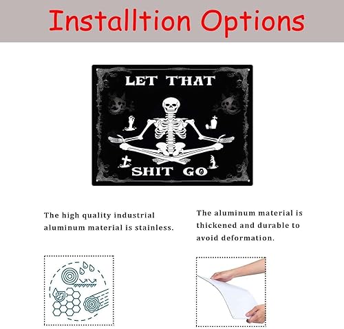 Miniatura 9 de Divertido letrero gótico negro con diseño de calavera con texto en inglés "Let That Shit Go", letreros metálicos para decoración de baño gótica de