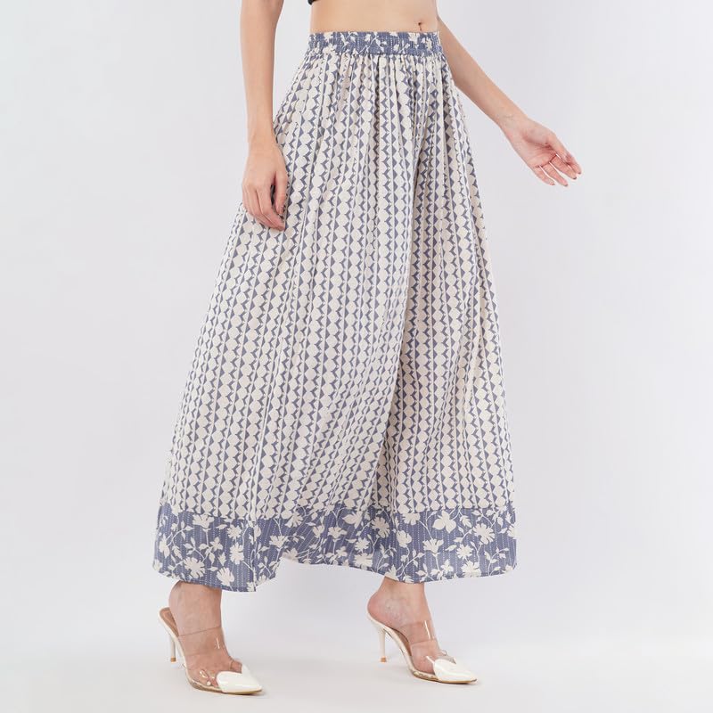 Rabhika Women’s White Patterned Pure Cotton Panel Maxi Skirt, Elegant Long Skirt for Daily Casual 2XL 3