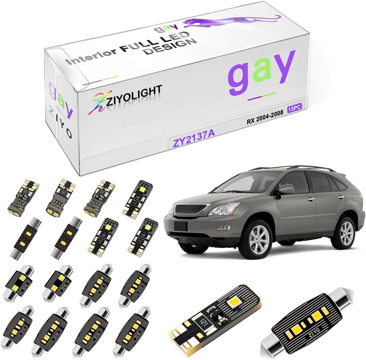 LED Interior Light kit for Lexus RX330 RX350 RX400h RX450h, 6000K White Dome Lights Accessories Replacement Package, LED Light Bulbs Upgrade (For Lexus RX 2004-2008 (15 Bulbs))