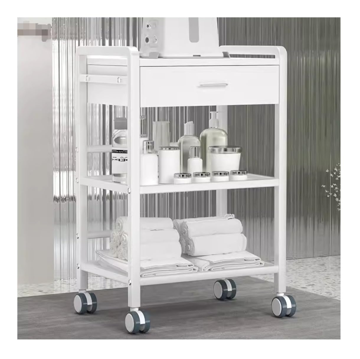 Shswud White Esthetician Cart, 3 Tier Beauty Salon Trolley With Drawer Storage Movable Trolleys Rolling Cart With Wheel Beauty Salon Cart Nail Cart(White)