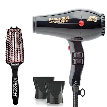Parlux 385 Powerlight Ionic and Ceramic Black Hair Dryer with Miracle Detangling Brush Medium Size Nylon & Boar Bristles for All Hair Types Blush Pink