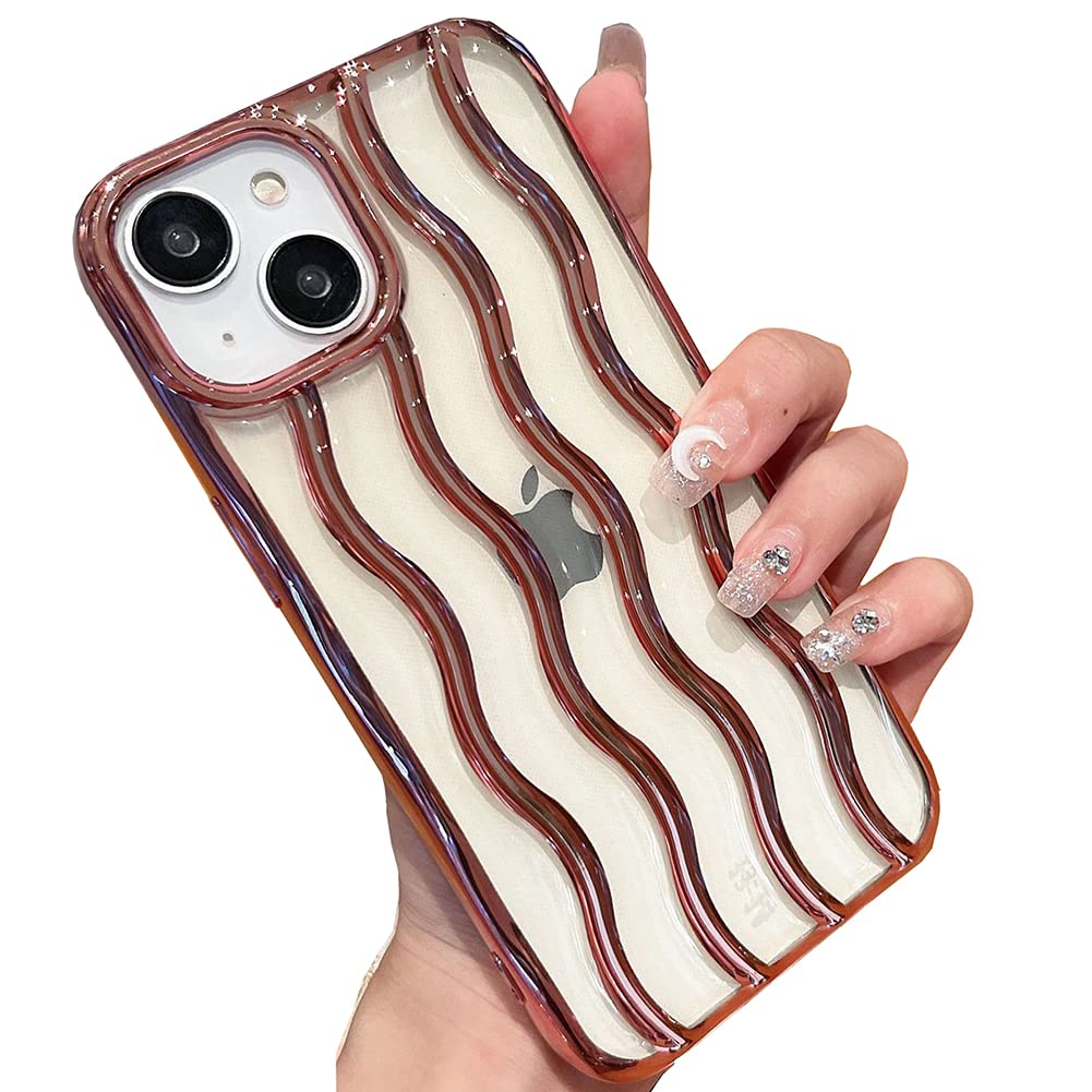 LEMONCOVER for iPhone Cute Clear 3D Water Drop Ripple Wave Shape Curly Frame Holographic Design Glitter Case Soft Silicone Protect Bumper Women Girl Slim Shockproof (Rose Gold,iPhone 14 Pro Max)
