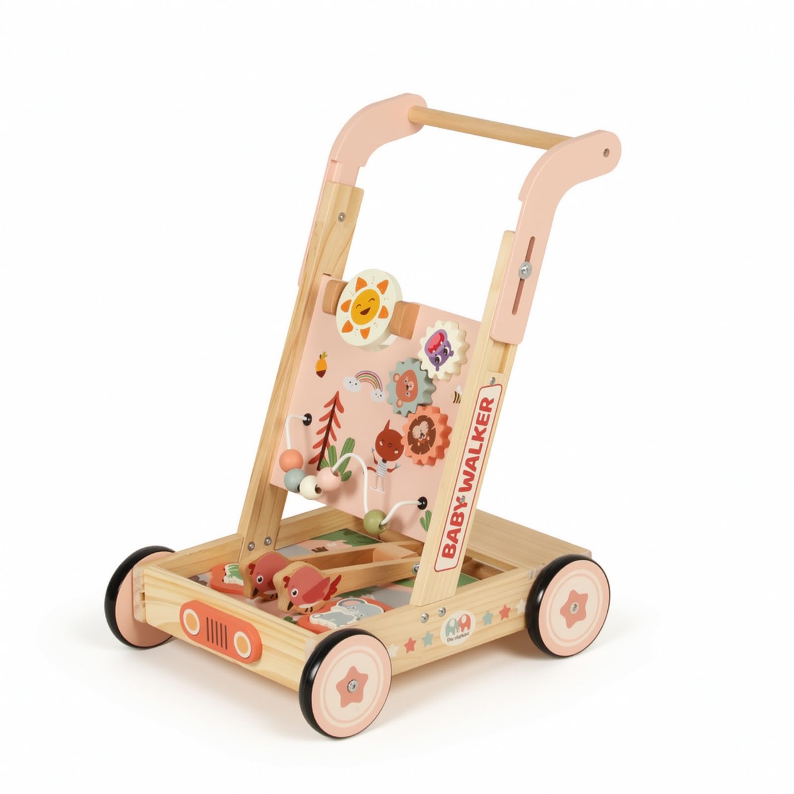Harilla Carrello Primi Spostamenti in Legno Multifunzione Carrello Primi Spostamenti con Attività Stabile Giocattolo per Bambini Piccoli, Neonati, Asilo Nido