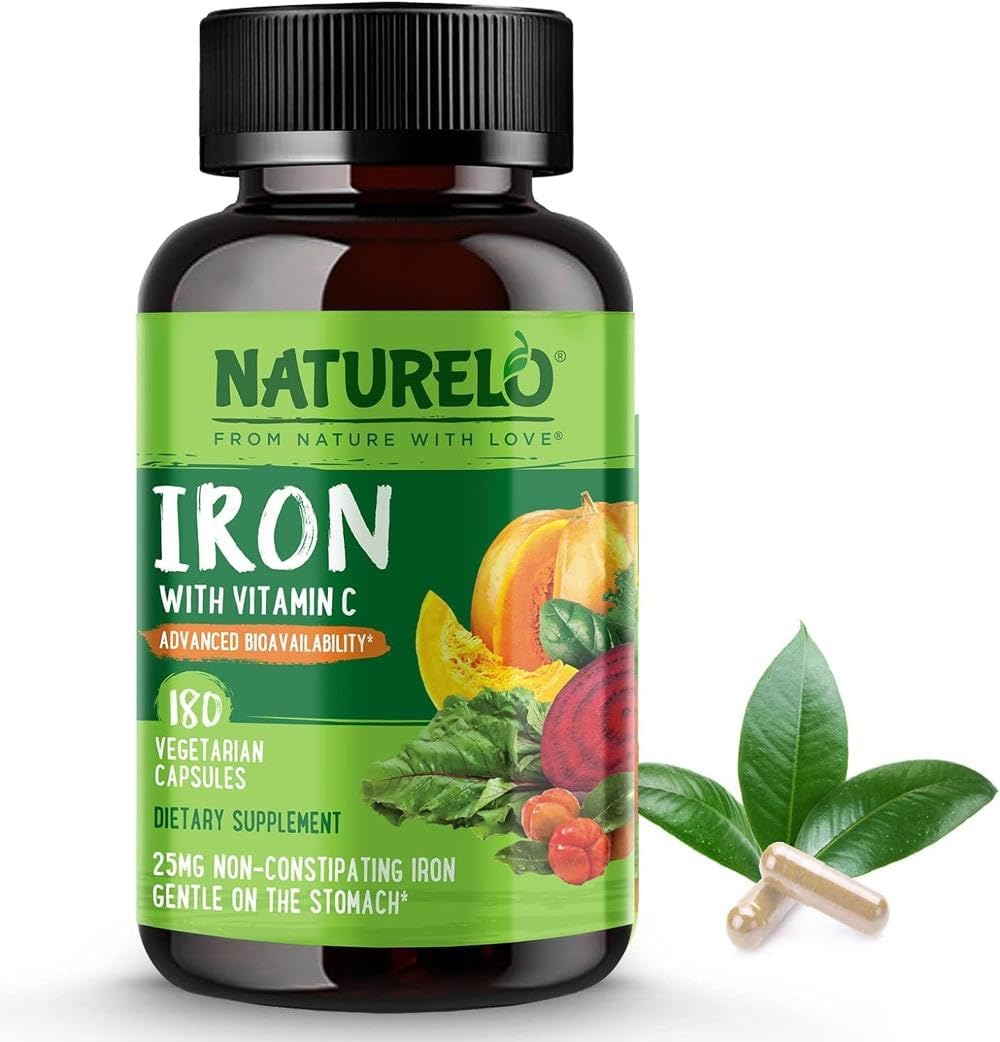 Iron Supplement Bisglycinate 25mg + Vitamin C | 180 Mini Vegan Capsules (6 Month Supply) | Gentle Iron for Women & Daily Use | Vegan Iron Capsules with Whole Food Blend | NATURELO