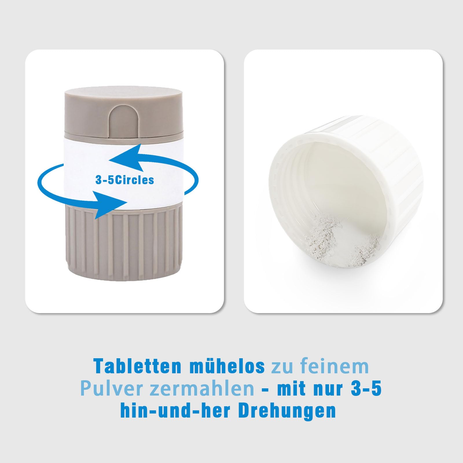 Tablettenmörser 4-in-1, Tablettenschneider mit Aufbewahrung, Tablettenzerkleinerer zum Tabletten zerkleinern, tragbarer Tablettenzerkleinerer für Zuhause & Reise (grau)