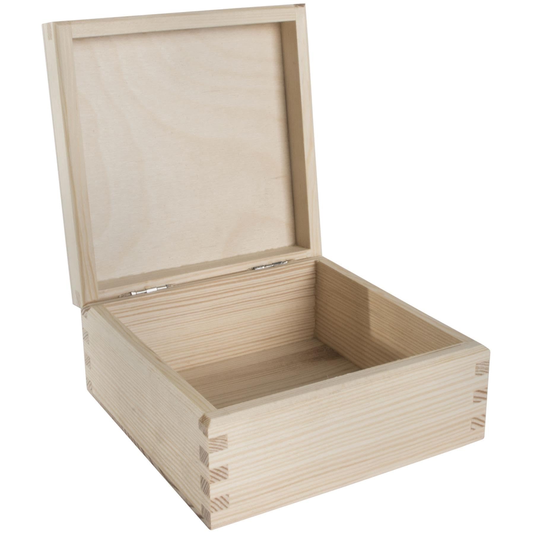 Woodeedoo Small Square Wooden Box With Hinged Lid – 12 X 12 X 6 Cm Plain Pine Storage For Trinkets Jewellery Crafts Memory Gifts Diy Decoration Unpainted Natural Wood