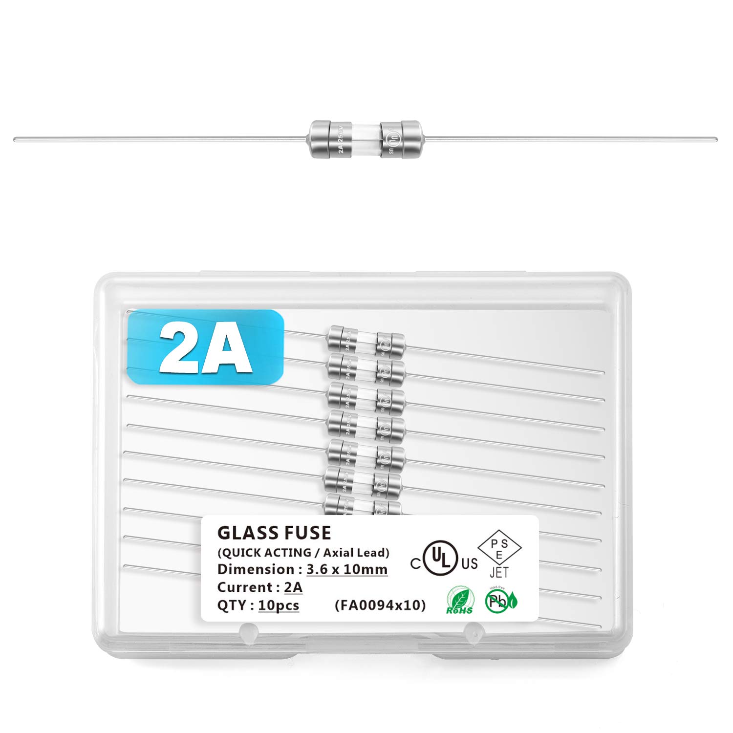 [ul listed] chanzon 10pcs 3.6x10 2a f2al glass agc cartridge tube fuse fast blow cut out tinned axial leaded 125v / 250v