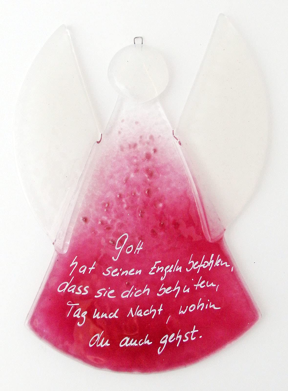 Angelo in vetro rosso con testo "Gott hat...", ca. 16 x 10 cm