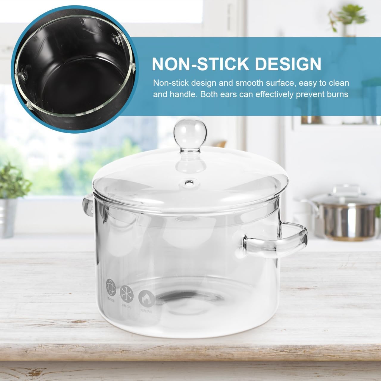 Vaguelly Borosilicate Glass Soup Pot with Lid 1.5L/50Oz Transparent Cooking Pot for Ramen Noodles and Soup Heat-Resistant Double-Handle Cookware for Stovetop Microwave and Oven Use