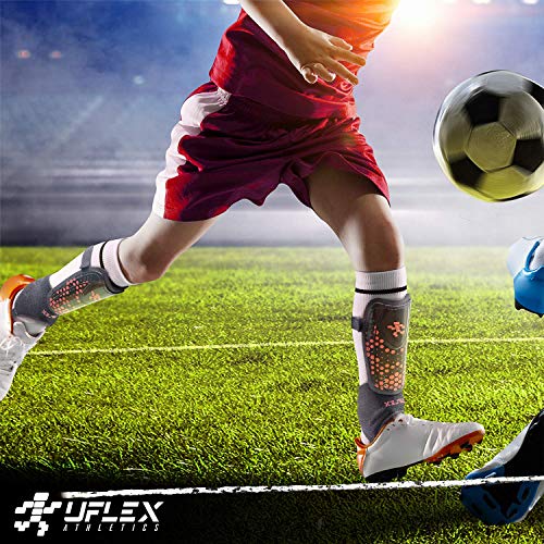 UFlex Athletics Slip and Slide Shin Guards for Kids and Teens - Protective Soccer Gear for Boys and Girls with Padded Ankle Support - Non Slip Adjustable Straps (X-Small) - Thumbnail 6