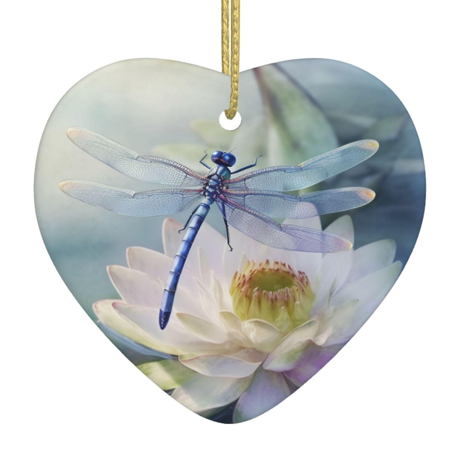 Dragonfly Lotus Christmas Ornament 2025 Heart Ceramic Hanging Ornaments for Home Decor Christmas Decorations with Gold Rope Double-Sided Xmas Tree Ceramic Hanging for Holiday Party