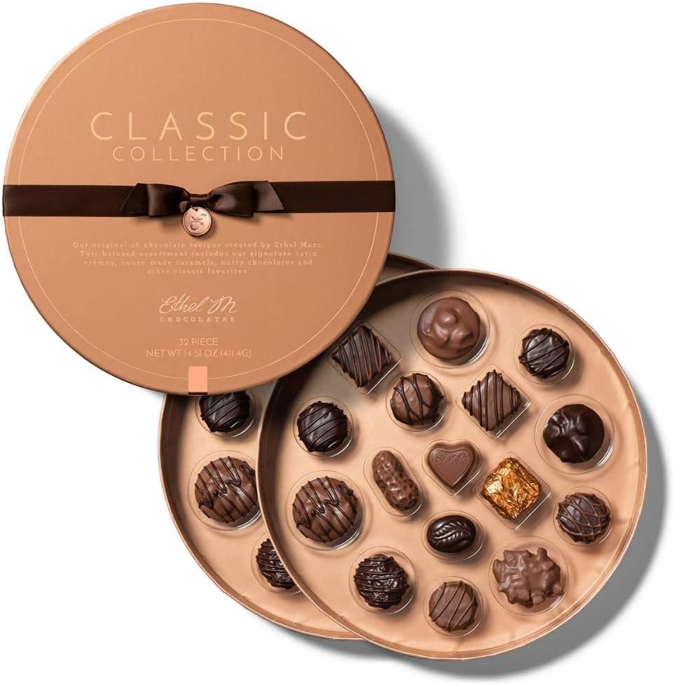 Ethel M Chocolates Classic Collection 32 Piece Premium Milk and Dark Chocolate Assortment in Round Copper Gift Box - Chewy Caramel, Macadamia, Pecan, Almond, Vanilla