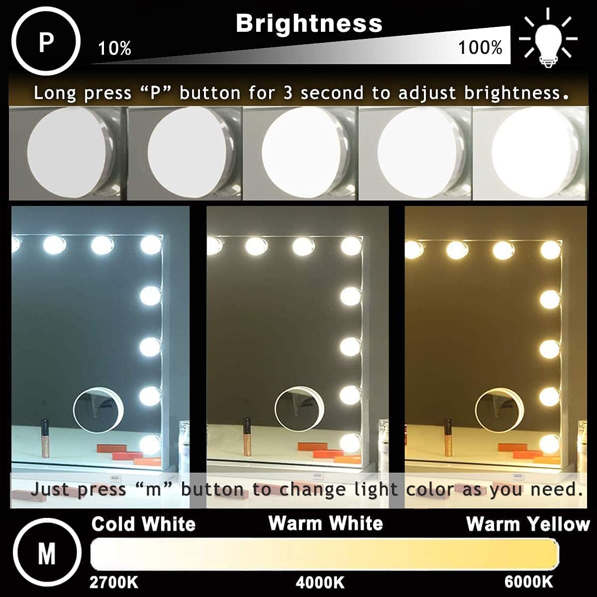 DIDIDADA Hollywood Vanity Makeup Mirror with Lights 15 Lights Lighted Vanity Mirror Dimmable 3 Color LED Makeup Vanity Mirror for Bedroom Makeup Table Dressing USB Magnifier LED Light up Makeup Mirror -