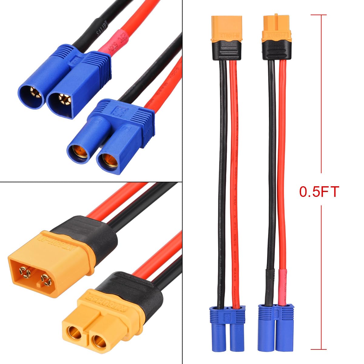 2 Paar XT60 Auf EC5 Adapterkabel – 15 Cm, 12AWG, Für Lipo-Akkus, Drohnen & RC-Modelle