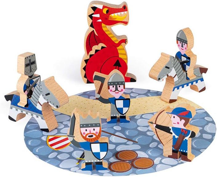 Janod - Set Caballeros Story - 8 Figuritas de Madera - Juguete de Imaginación - Caballeros, Dragones y Castillos - A partir de 3 años, J08581