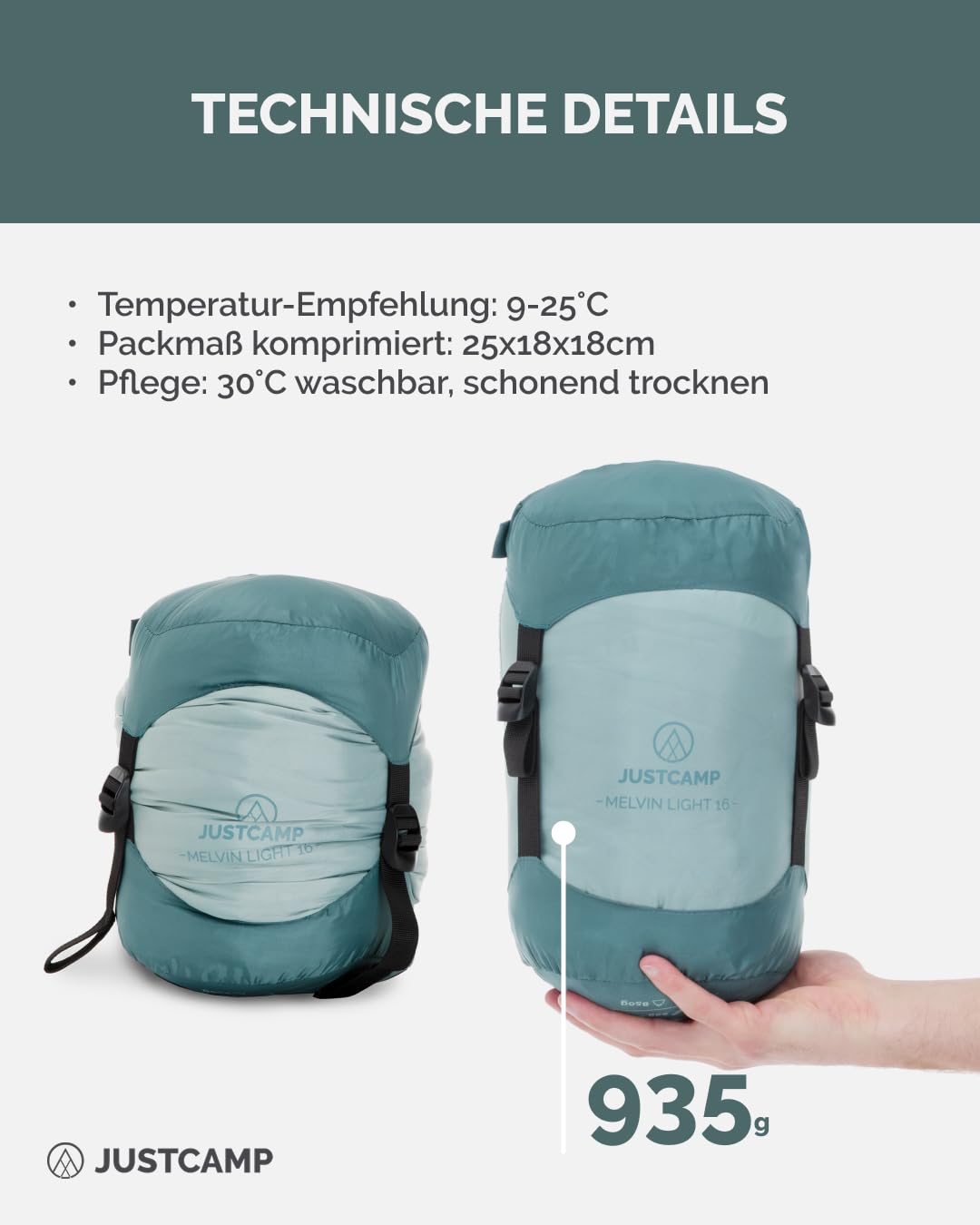 Justcamp Melvin Light Schlafsack - Erwachsene/Kinder (bis 200cm) - 3 Jahreszeiten (9-25 °C) - Sommerschlafsack für Camping, Reisen, Outdoor - Packmaß 25x18x18 cm - Gewicht 935g