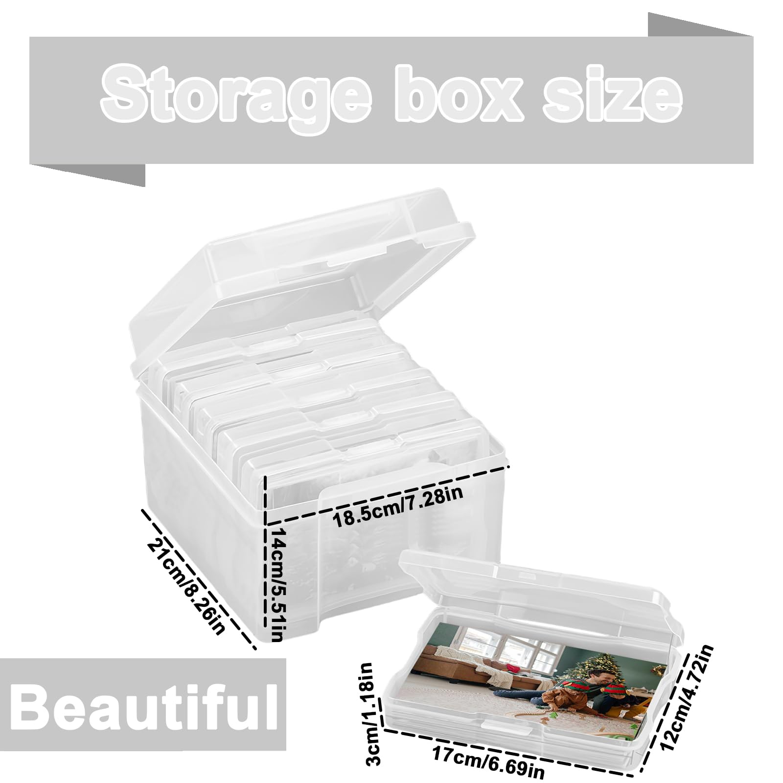 Scatola Portafoto In Plastica Con 6 Contenitori Interni, Trasparente/multicolore, 21x21x16 Cm