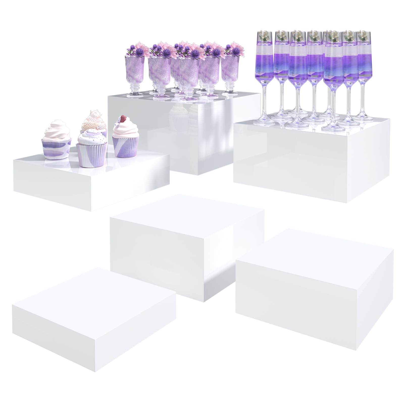 buffet risers, food display risers for party, glossy white acrylic risers display stand for buffet table, catering displays for dessert, cube box nesting riser with hollow bottoms (8"x9"x10" 6pcs)