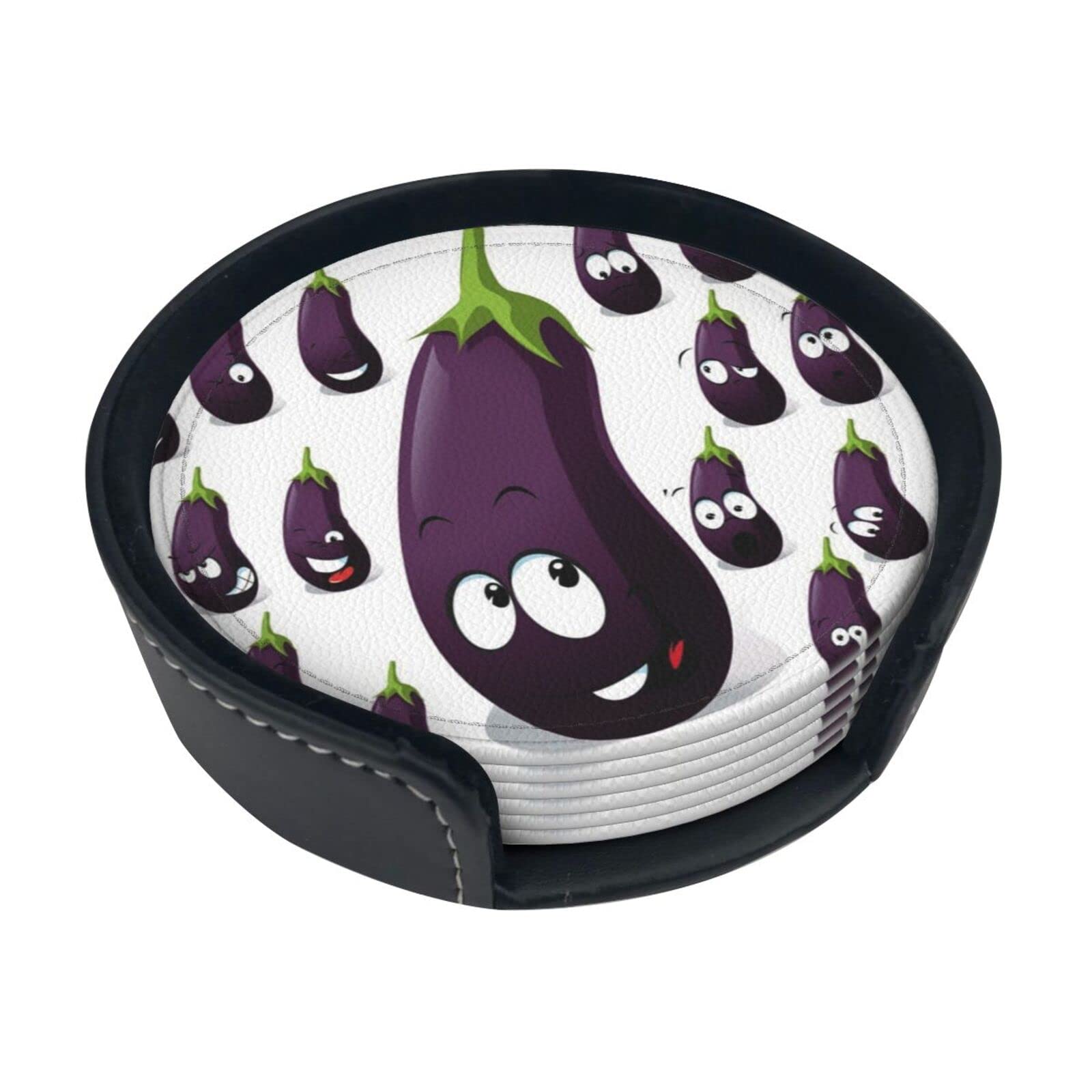 Coasters Set Of 6 Cartoon Eggplant Print Leather Coasters For Drinks,Home Décor And Housewarming Gift