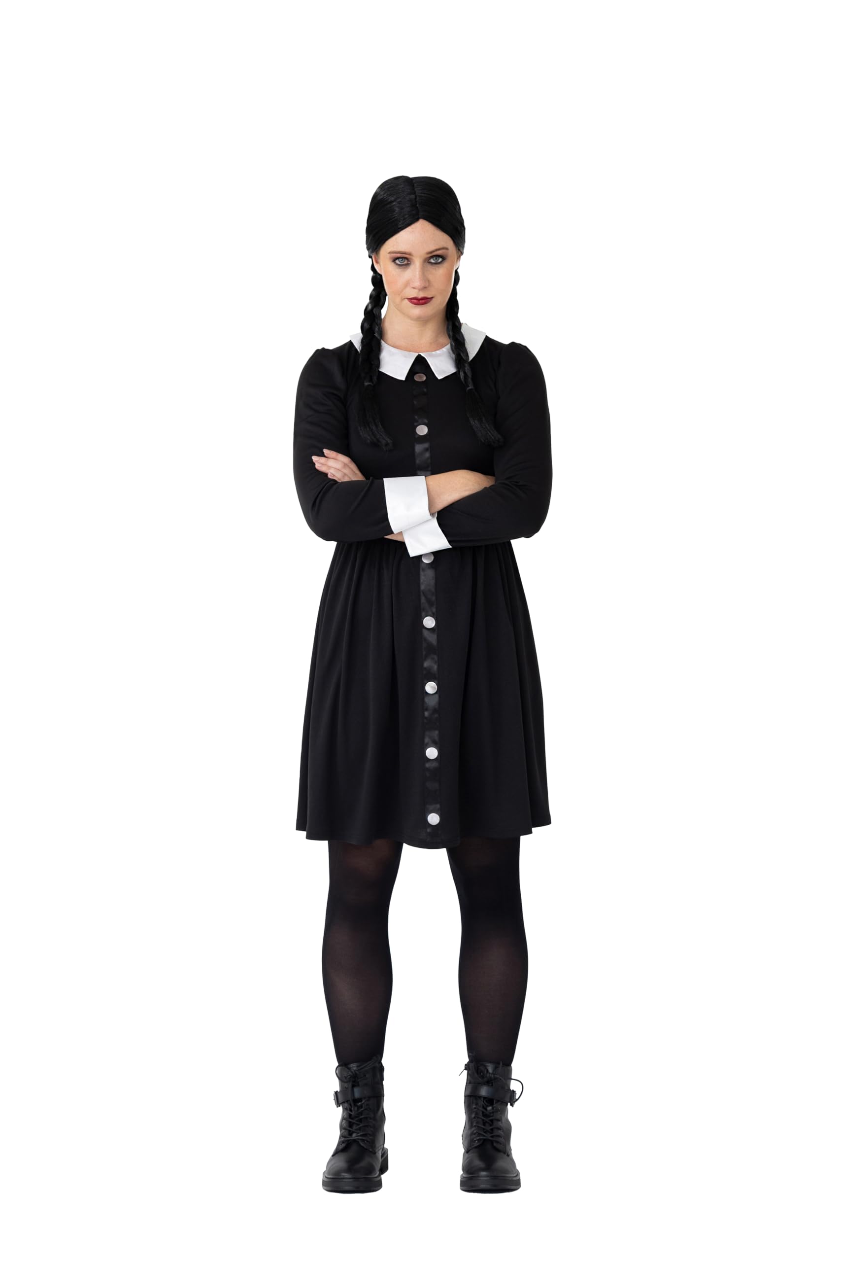 Women's Spooky Girl Halloween Costume Gothic Black Dress & Wig Set UK Size  18-20 - BigaMart