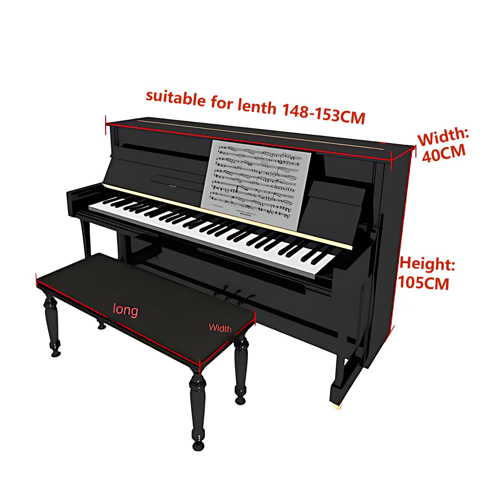 150 * 105 * 40CM Copertura Antipolvere per Pianoforte Verticale con Volant in Pizzo Bianco con Copertura per Sgabello Panno di Copertura per Pianoforte Verticale Completo