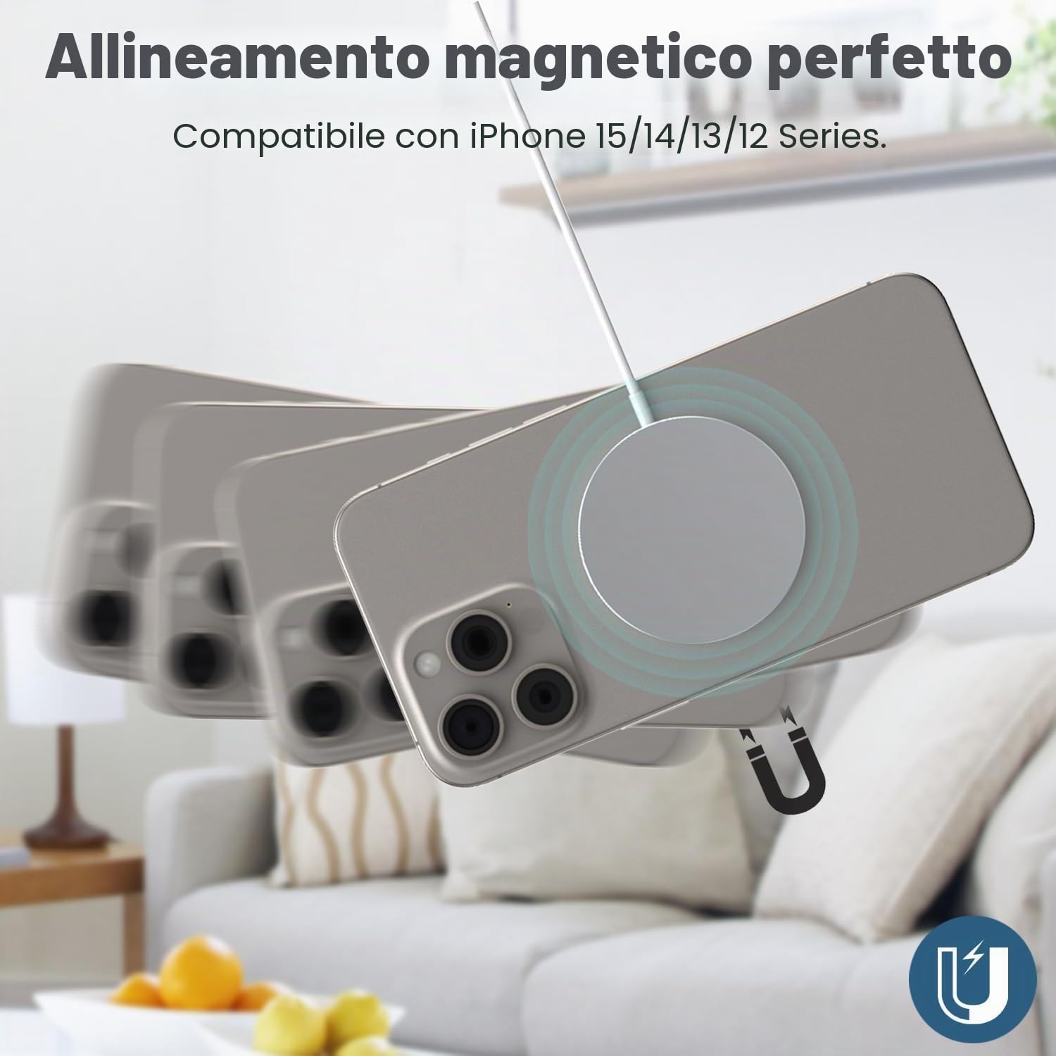 Caricatore Wireless Magnetico per iPhone, Caricabatterie MagSafe USB C 15W, Stazione di Ricarica Induttiva Wireless Qi Tipo C Compatibile con iPhone 17/17 Pro/17 Pro Max/16/15/14/13/12/Air, AirPods