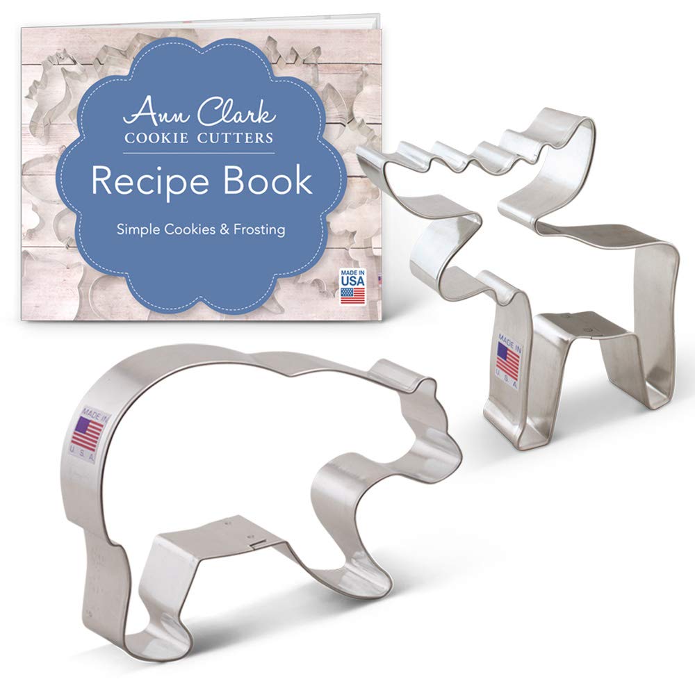 Ann Clark Mountain Wildlife Cookie Cutter Set with Recipe Book - 2 Piece - Grizzly Bear and Moose - USA Made Steel