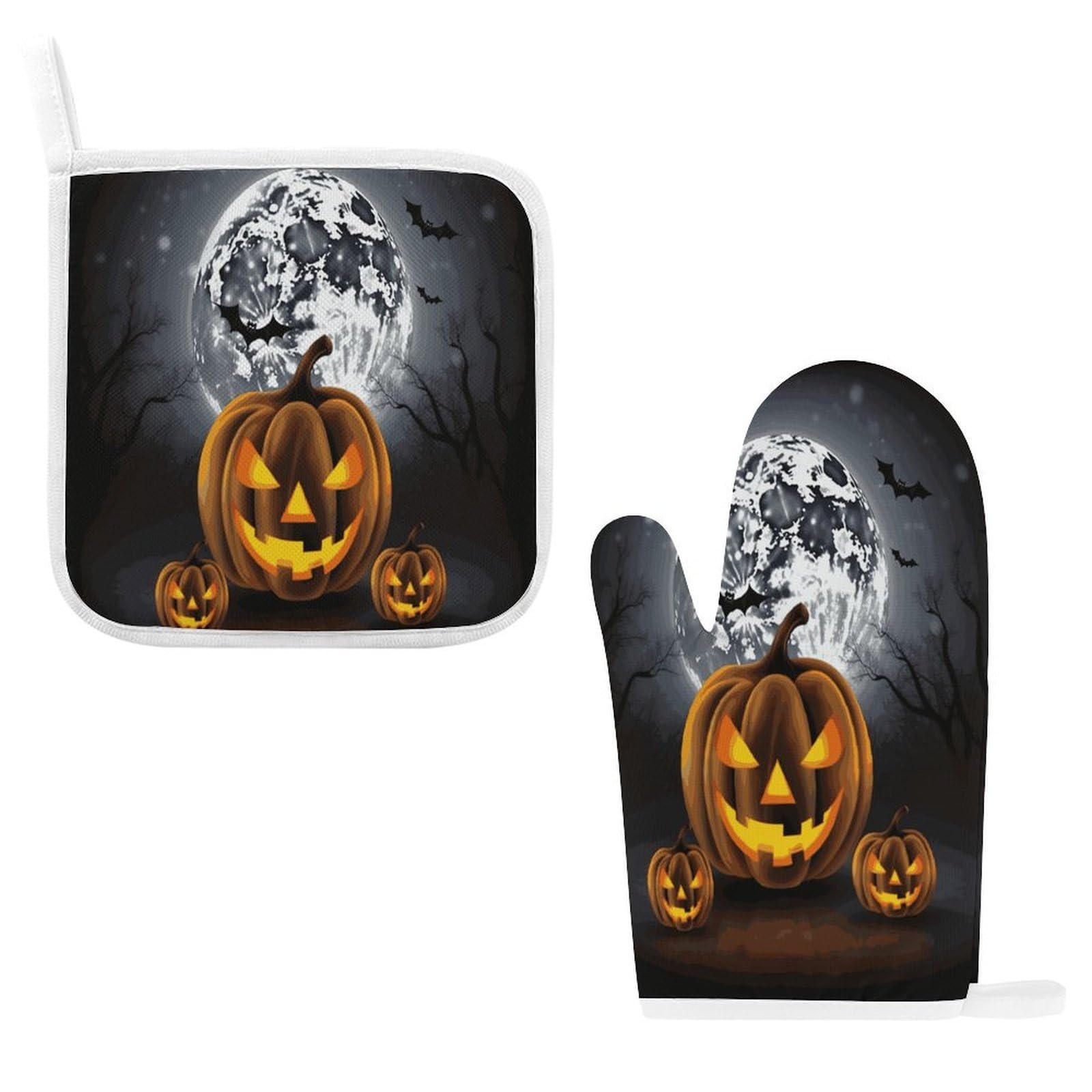 Btcowzrv Style Halloween Moon Bat Pumpkin Oven Mitts And Pot Holders 2Pcs Set