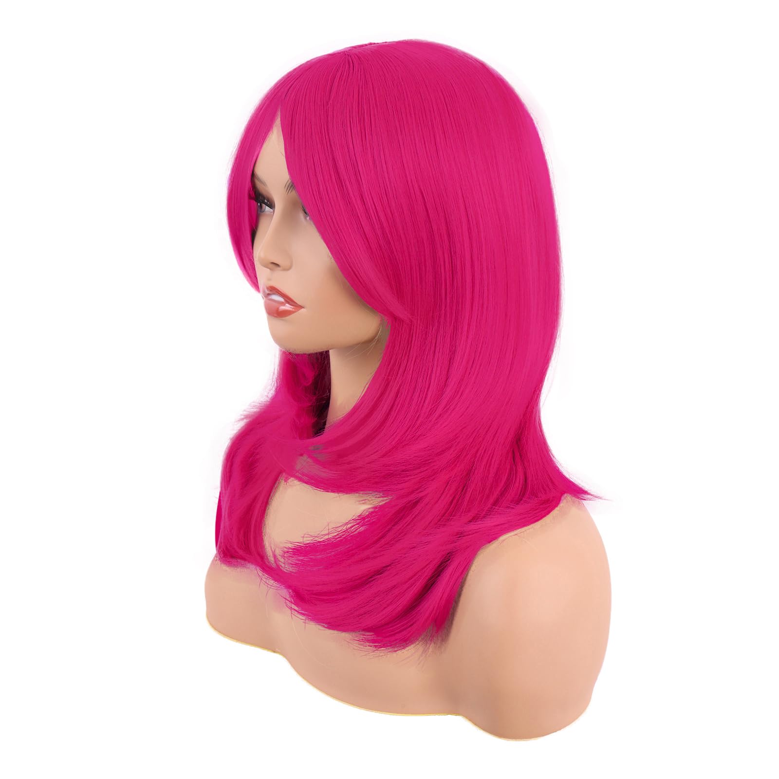 MapofBeauty 20 Inch/50 cm Long Layered With Bangs Straight Synthetic fiber Shoulder Length Hair Party Wig (Hot Pink) - Image 3