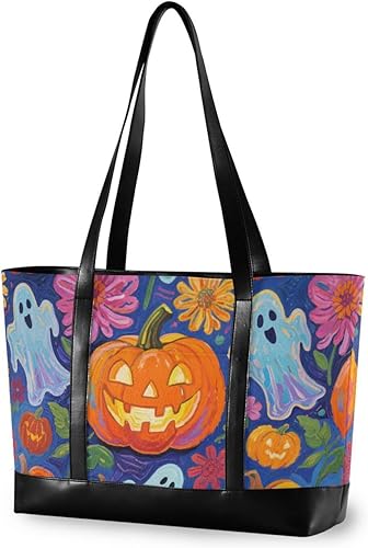 Miniatura 1 de KLL Calabazas de Halloween y fantasmas con flores Bolsa impermeable para computadora con cremallera bolsas de trabajo Bolso grande para enfermería