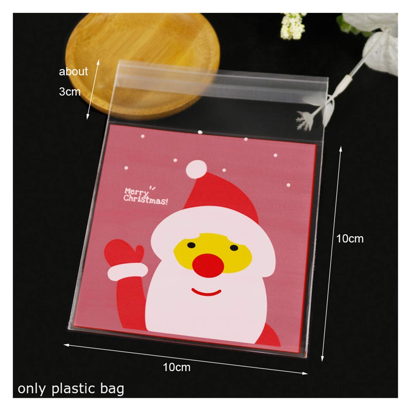 Cómodo 100 piezas Feliz Navidad autoadhesivo plástico sello bolsas galletas dulces Santa Claus muñeco de nieve bolsas de regalo plástico 10x10+​3 cm accesorio (color: Santa Beckoning)