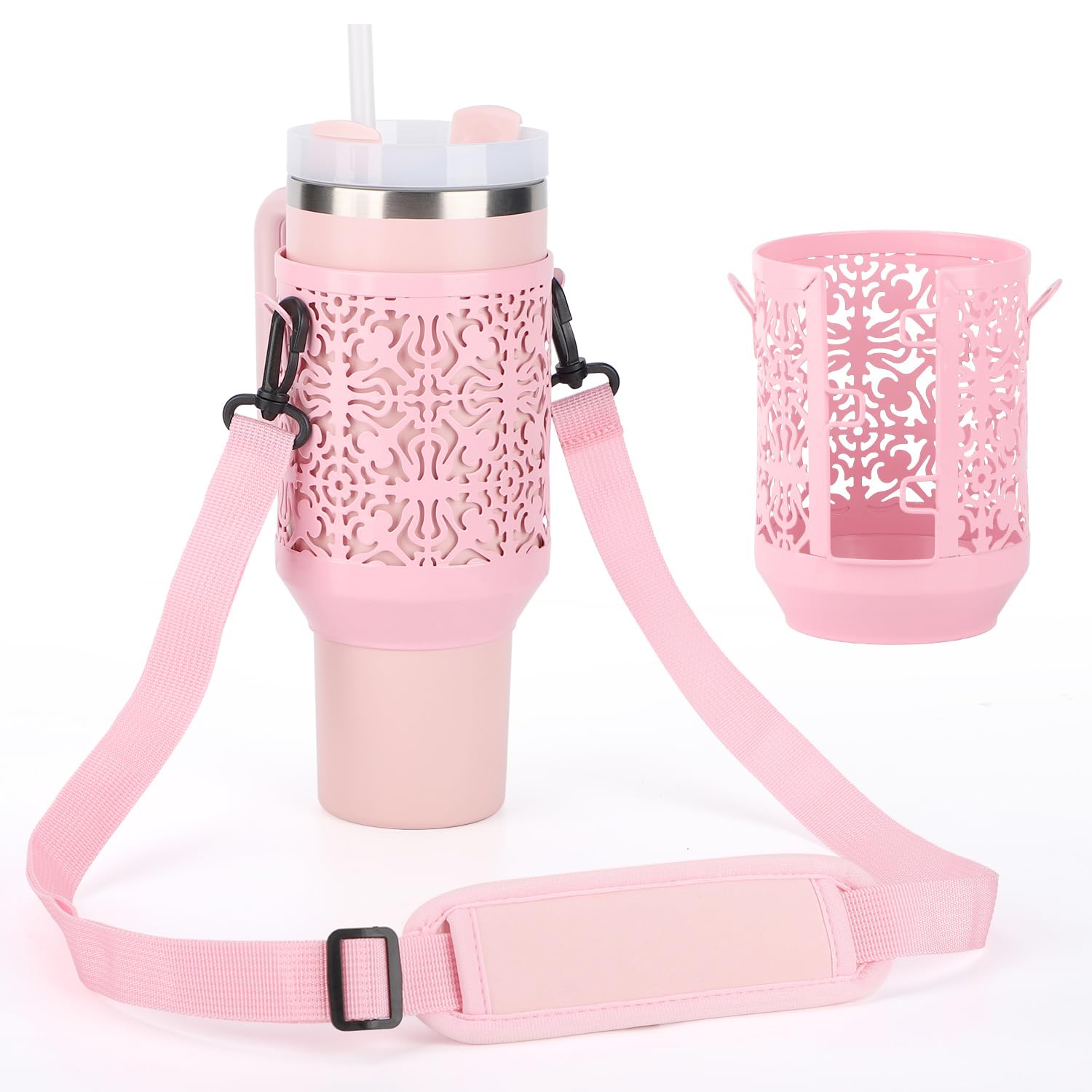 Metal Cup Holder with Strap for Stanley Cup 40 oz, Water Bottle Carrier Bag for Stanley Cup Accessories，Sports Water Bottle Accessories(Pink)