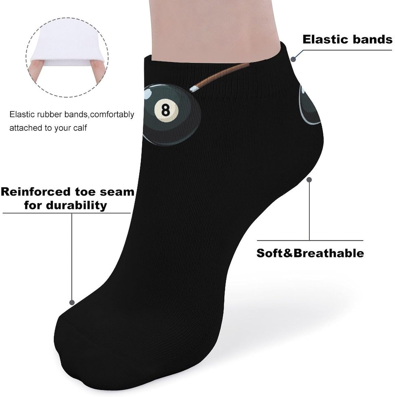 8 Billiard Ball Ankle Socks for Men Women Low Cut Crew Sock Casual Sports Clothing