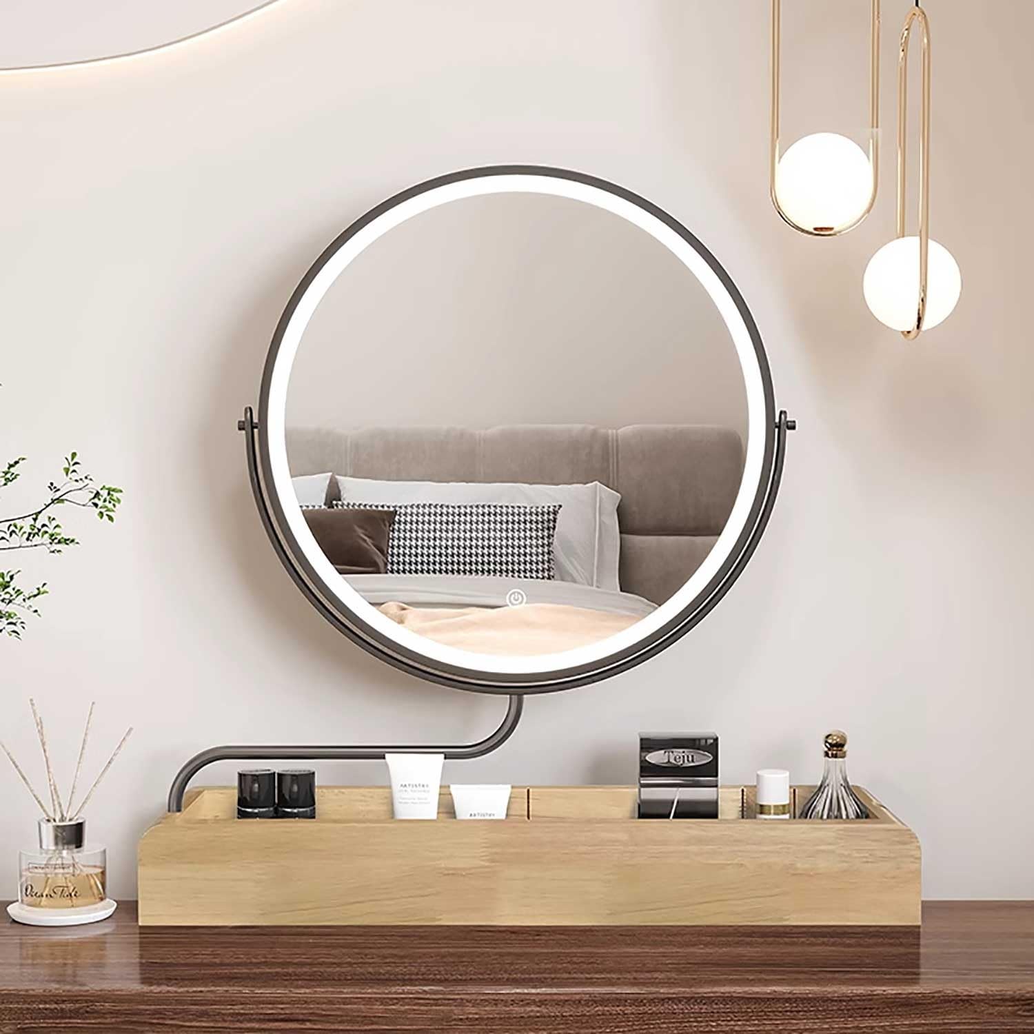 SXFSDOU Modern Round LED Vanity Mirror - Adjustable 360° Swivel Makeup with Metal e for Bathroom Guest WC Dressing Room Living (Beige)