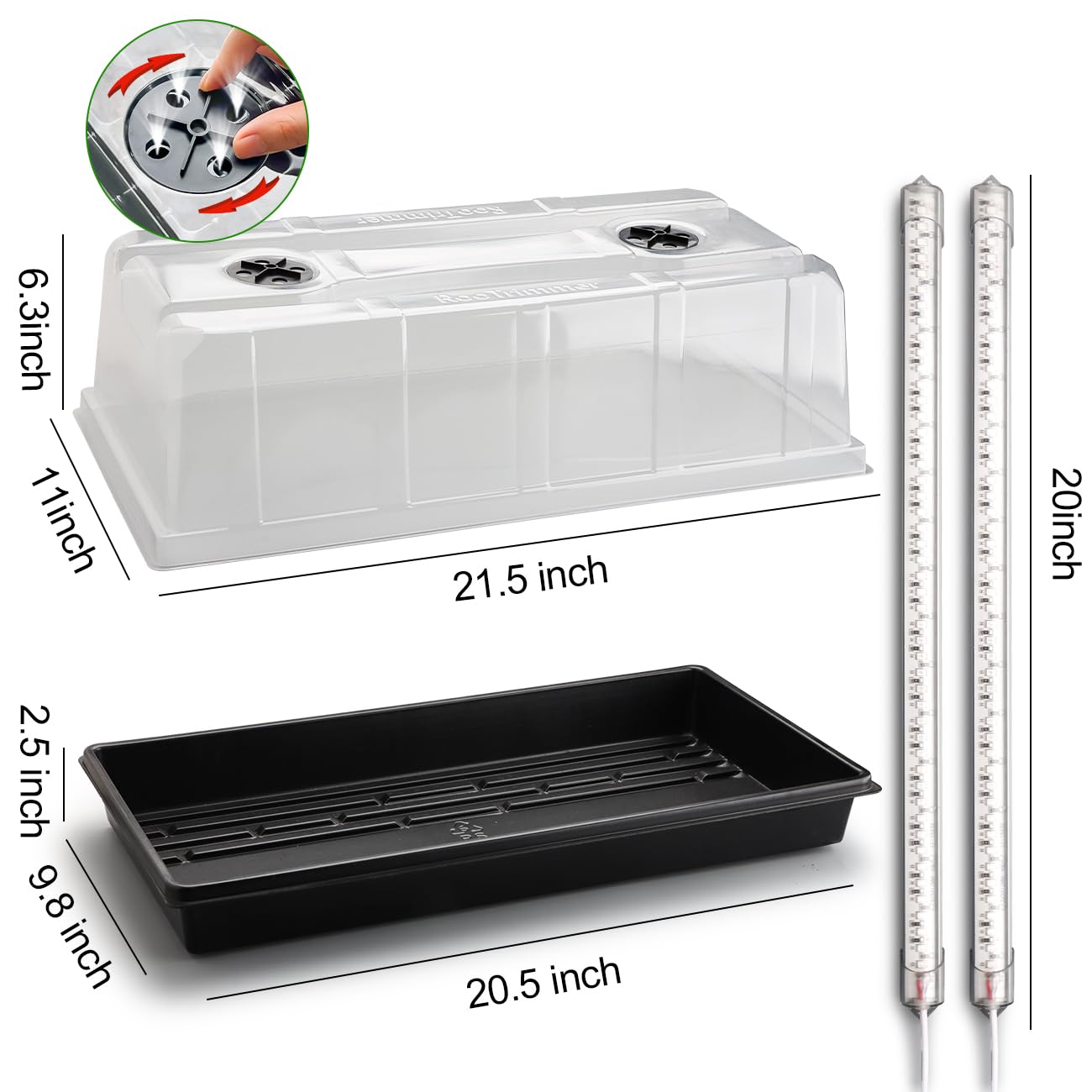 1020 Plateau de semences avec lampes de croissance – Lot de 4 dômes d'humidité extra élevée de 16 cm et plateau de propagation robuste, lot de 8 96 DEL à spectre complet intégrées avec minuteur/5
